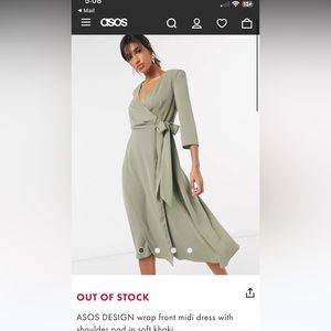 ASOS DESIGN wrap front midi dress with shoulder pad in soft khaki